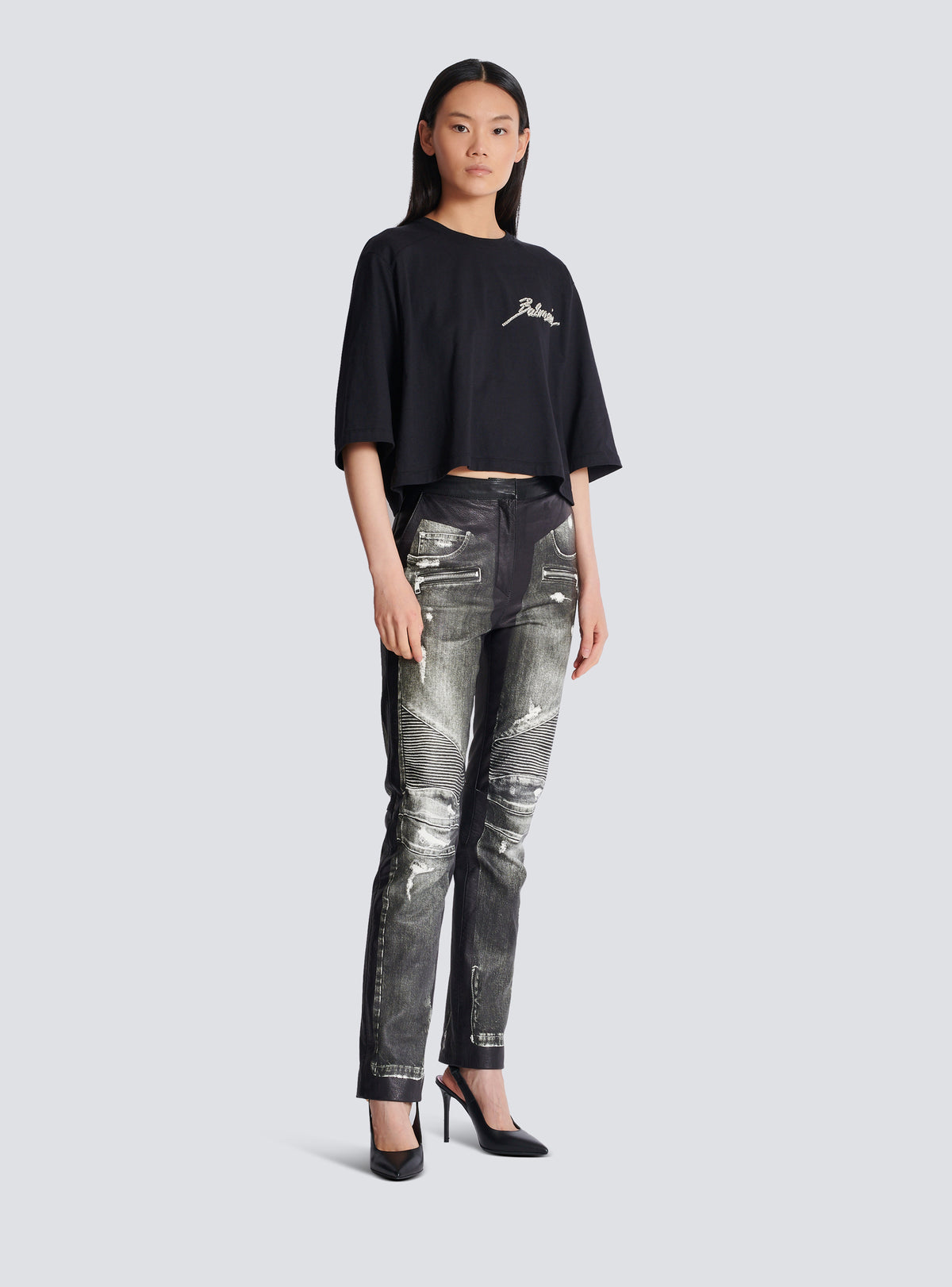 Pantalon en cuir imprimé denim - Gris Denim &  Noir