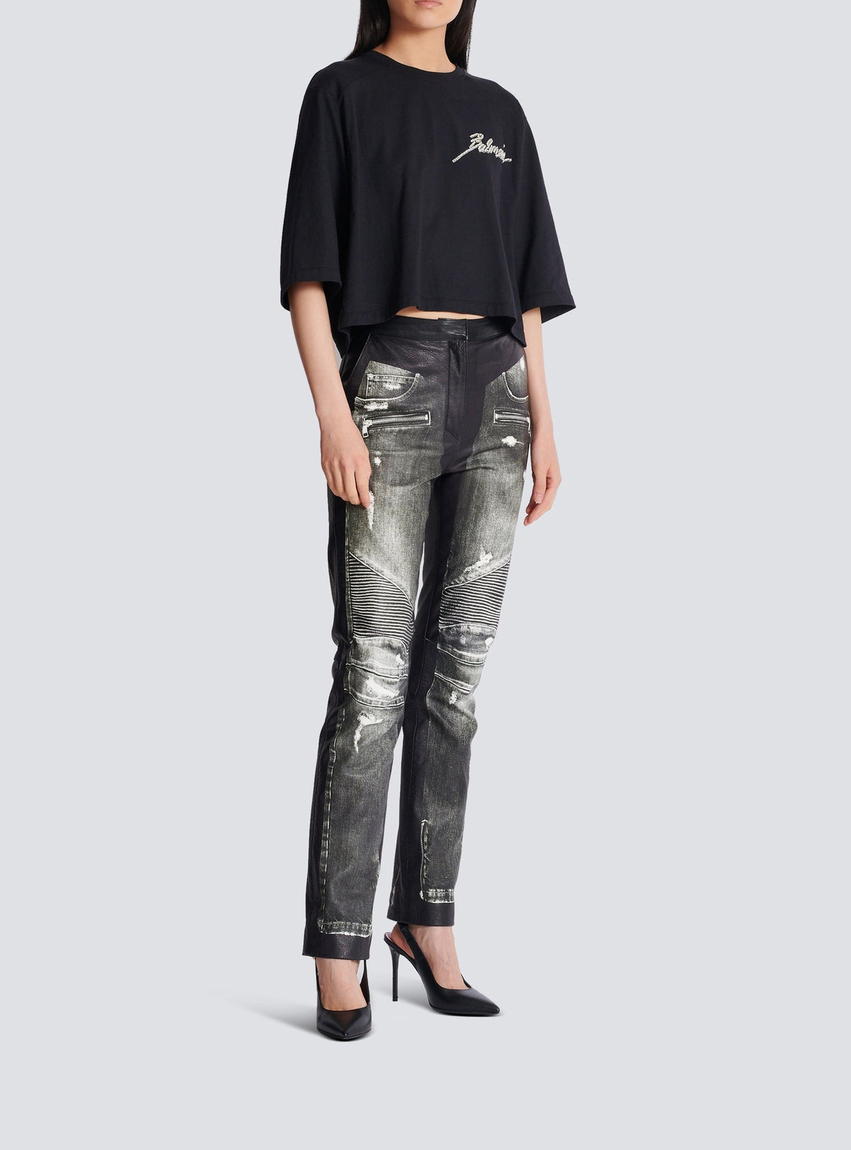 Pantalon en cuir imprimé denim - Gris Denim & Noir