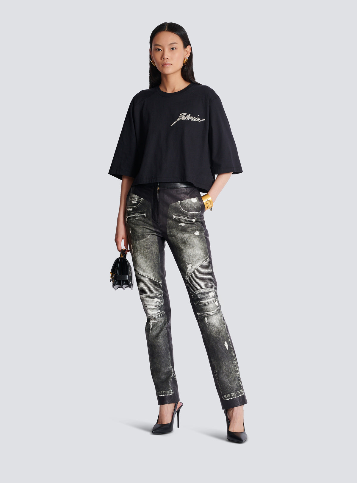 Pantalon en cuir imprimé denim - Gris Denim &  Noir