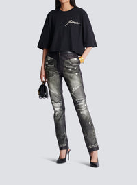 Pantalon en cuir imprimé denim - Gris Denim & Noir