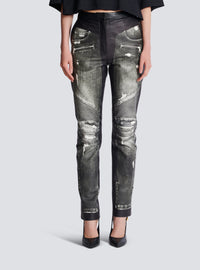 Pantalon en cuir imprimé denim - Gris Denim &  Noir