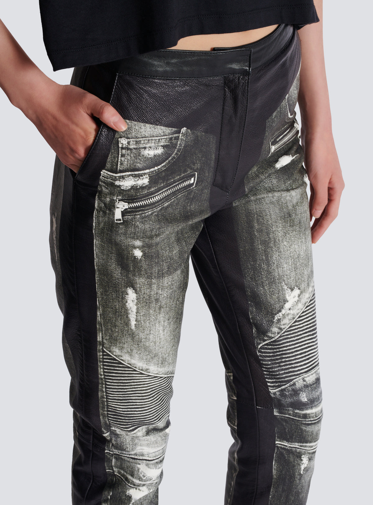 Pantalon en cuir imprimé denim - Gris Denim &  Noir