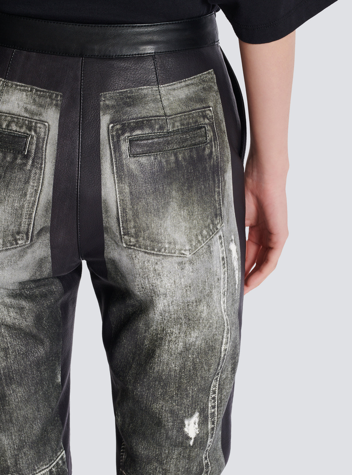 Pantalon en cuir imprimé denim - Gris Denim &  Noir