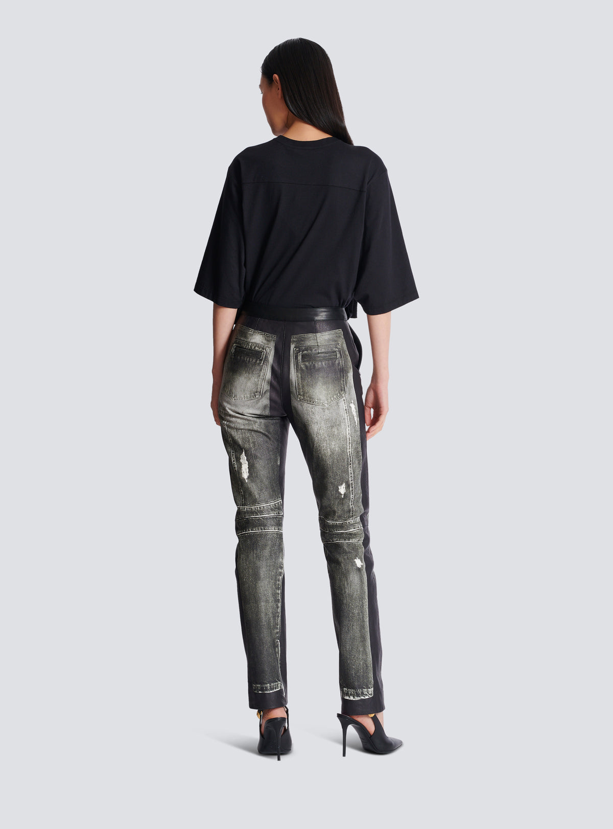 Pantalon en cuir imprimé denim - Gris Denim &  Noir