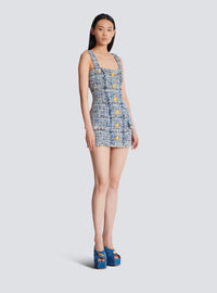 Robe en tweed courte à bretelles  - Bleu Jean Clair