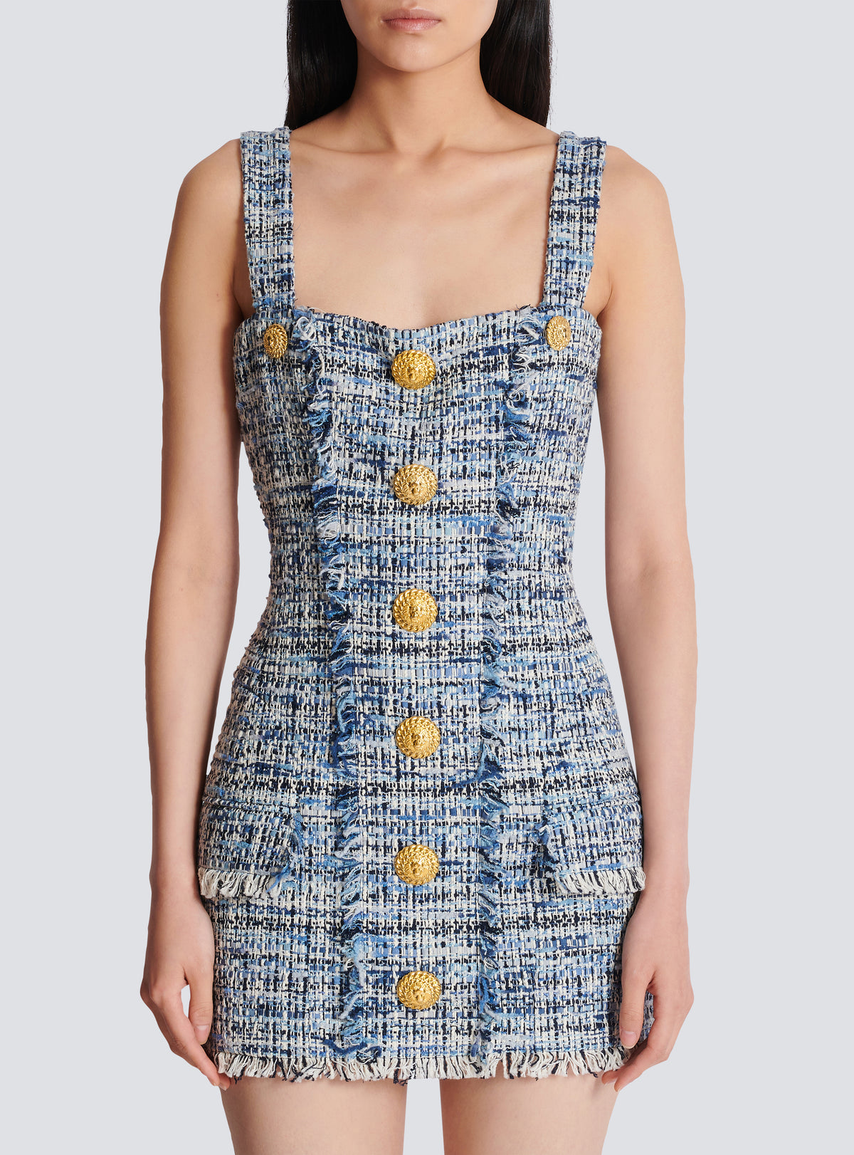 Robe en tweed courte à bretelles  - Bleu Jean Clair