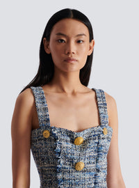 Robe en tweed courte à bretelles  - Bleu Jean Clair