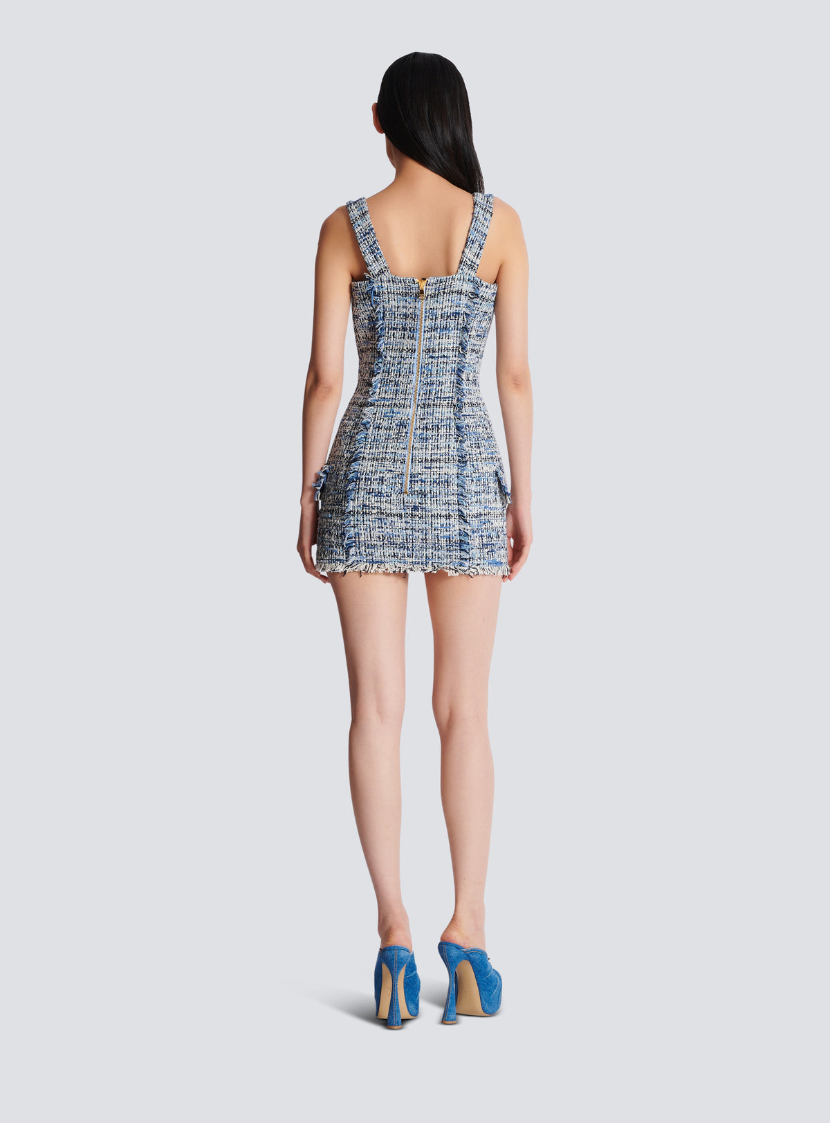 Robe en tweed courte à bretelles  - Bleu Jean Clair