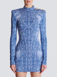 Robe courte en maille jacquard avec trompe-l'œil denim - Bleu Jean