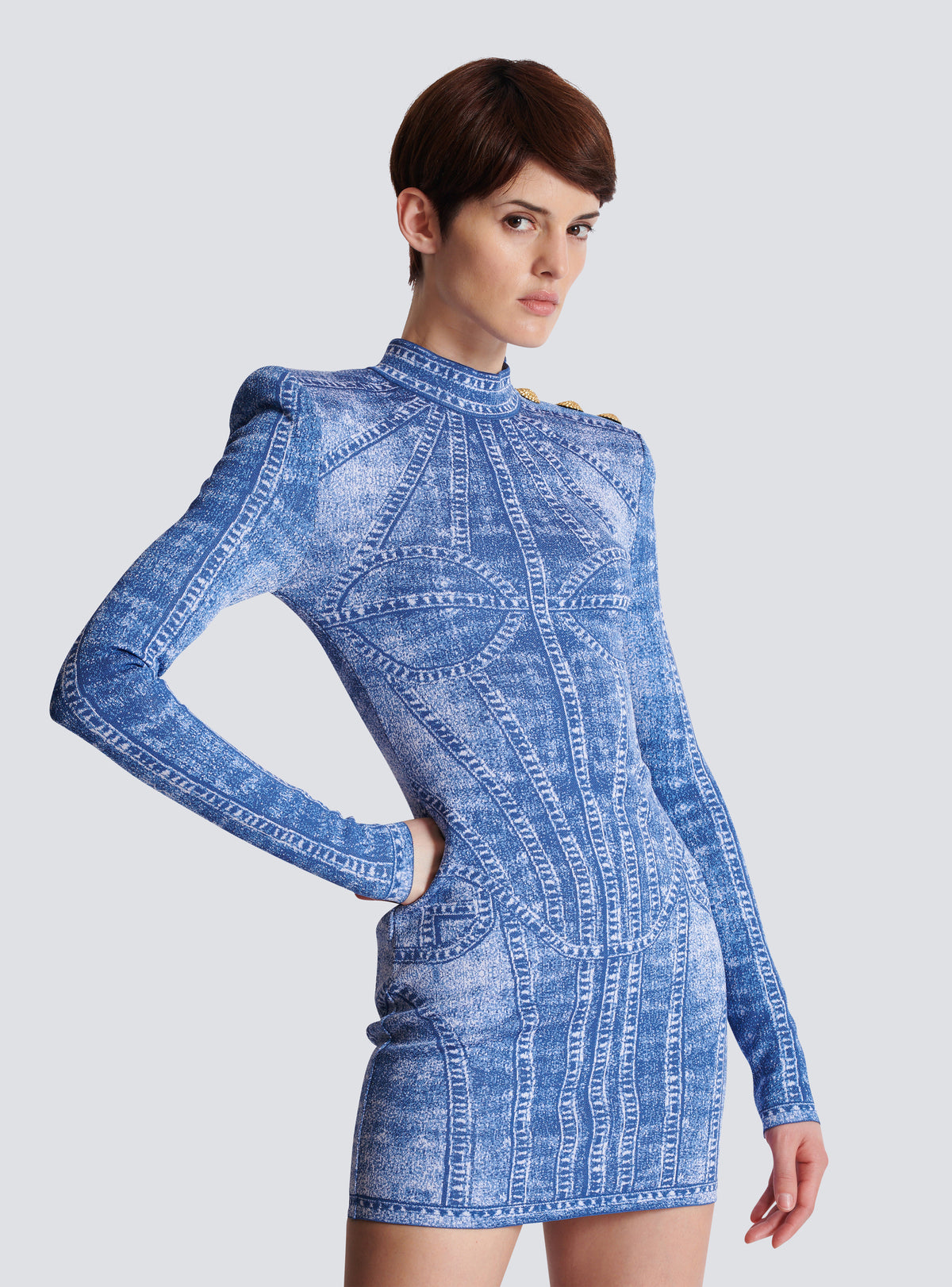 Robe courte en maille jacquard avec trompe-l'œil denim - Bleu Jean