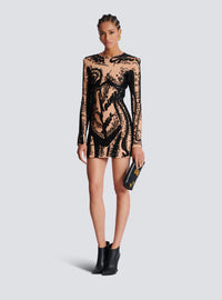 Robe courte brodée à motif trompe-l’œil corps - Nude & Noir