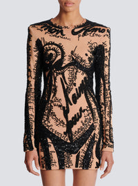 Robe courte brodée à motif trompe-l’œil corps - Nude & Noir