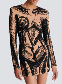 Short dress embroidered with a trompe-l’œil body motif - Nude & Black