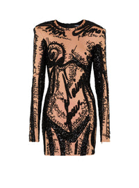 Short dress embroidered with a trompe-l’œil body motif - Nude & Black