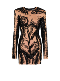 Robe courte brodée à motif trompe-l’œil corps - Nude & Noir