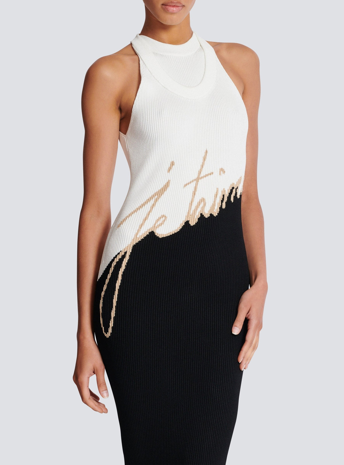 Long jacquard knit dress - Black & Nude & White