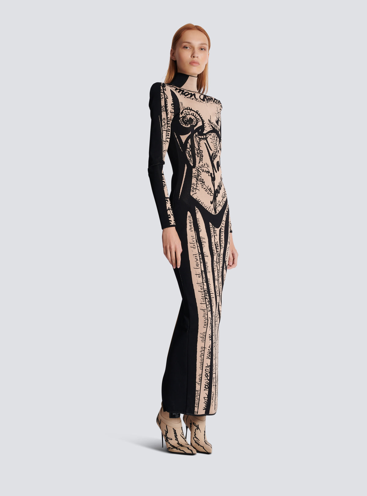 Robe longue en maille à motif trompe-l’œil corps - Nude & Noir