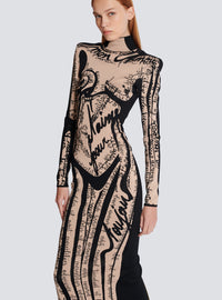 Robe longue en maille à motif trompe-l’œil corps - Nude & Noir