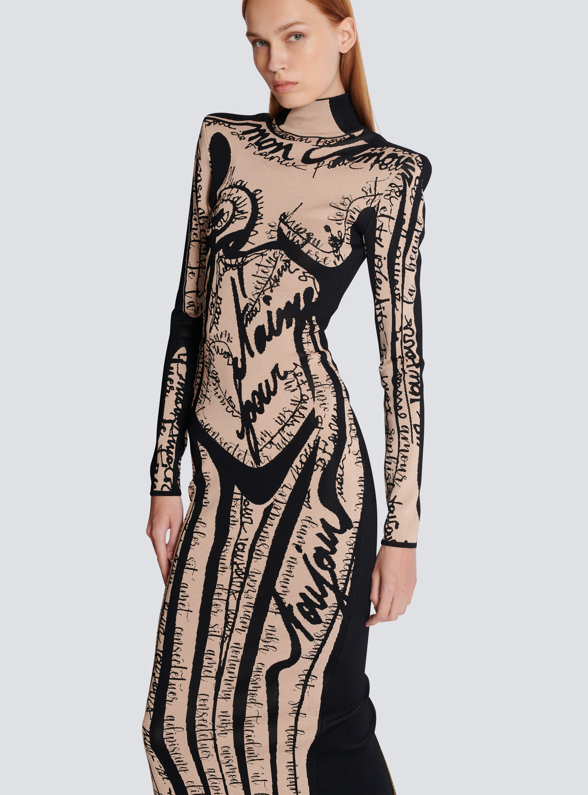 Robe longue en maille à motif trompe-l’œil corps - Nude & Noir