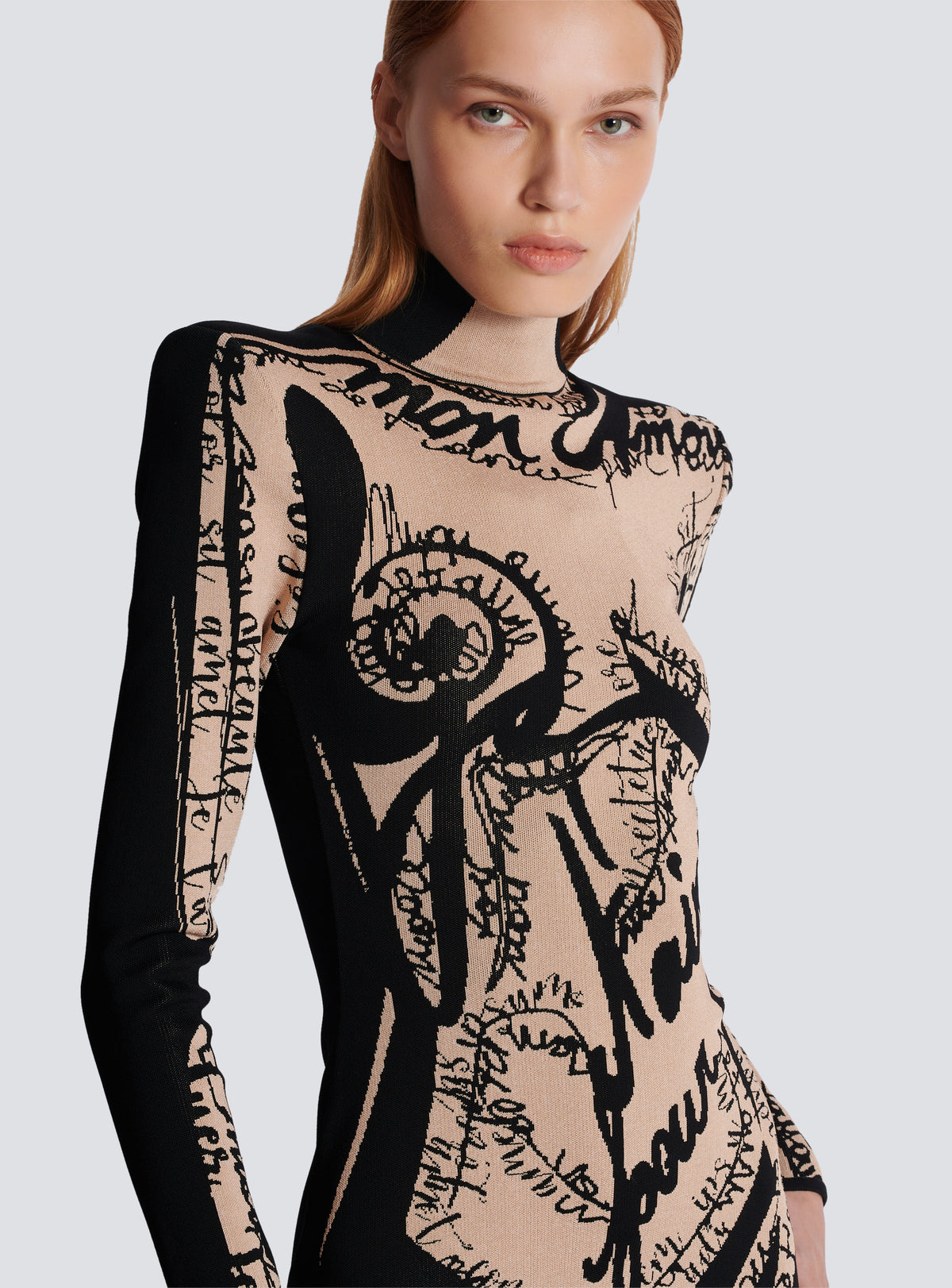 Robe longue en maille à motif trompe-l’œil corps - Nude & Noir