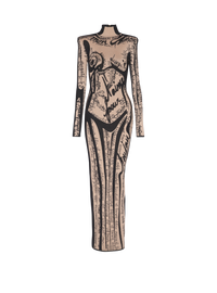 Robe longue en maille à motif trompe-l’œil corps - Nude & Noir