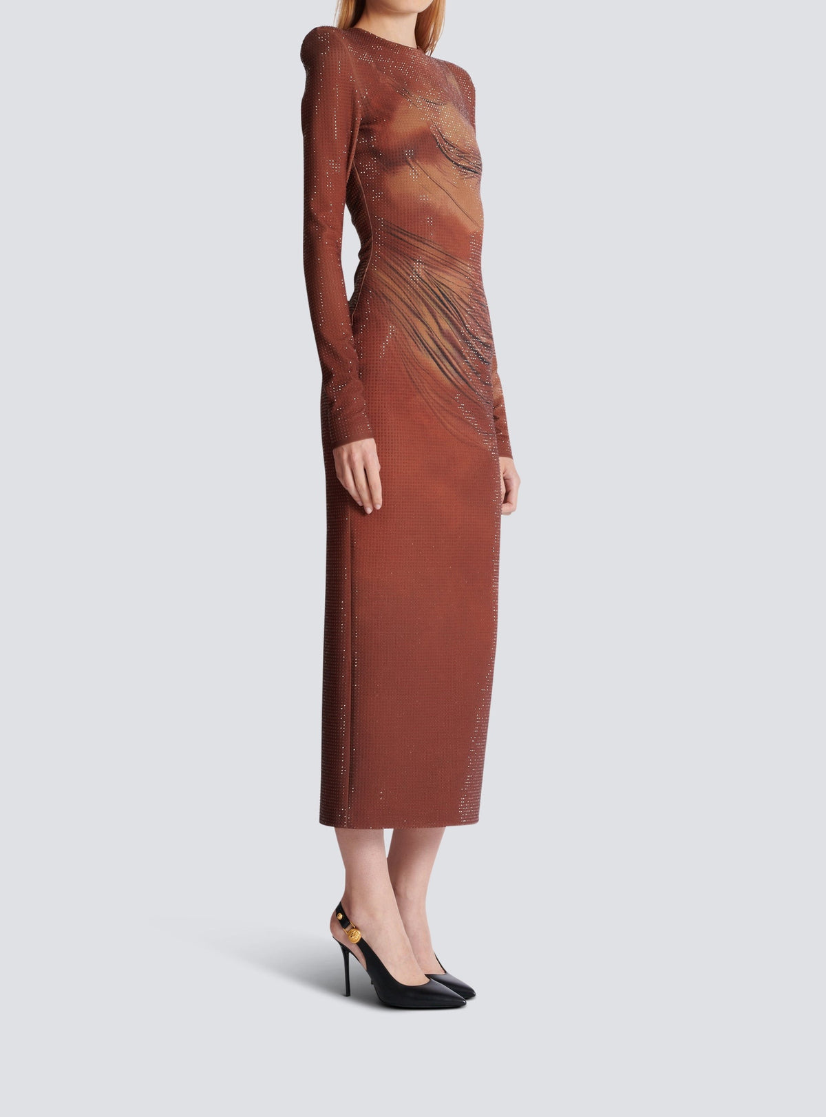 Long printed rhinestone dress - Brown