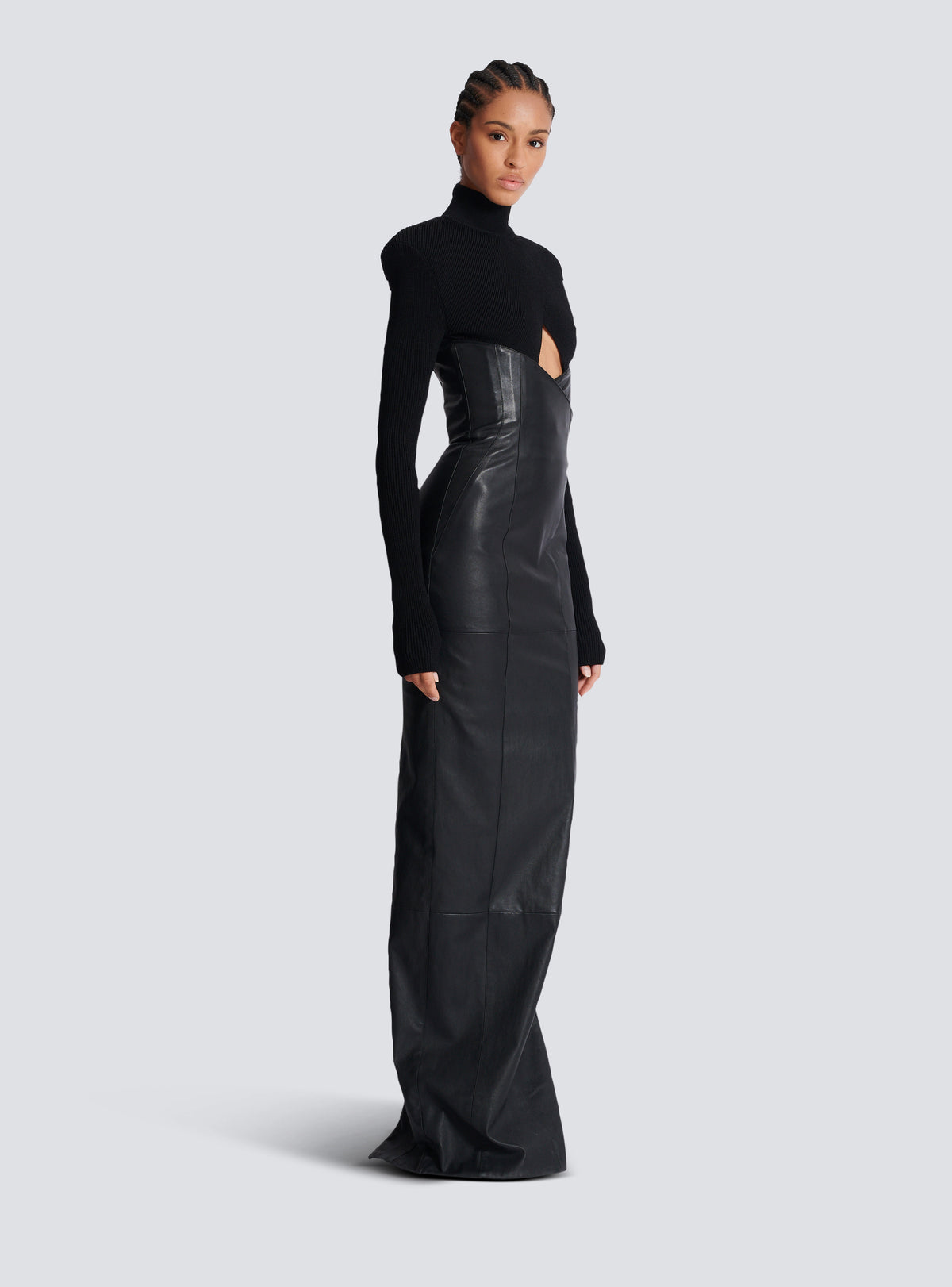 Robe longue bi-matière en maille et cuir d'agneau - Noir & Noir