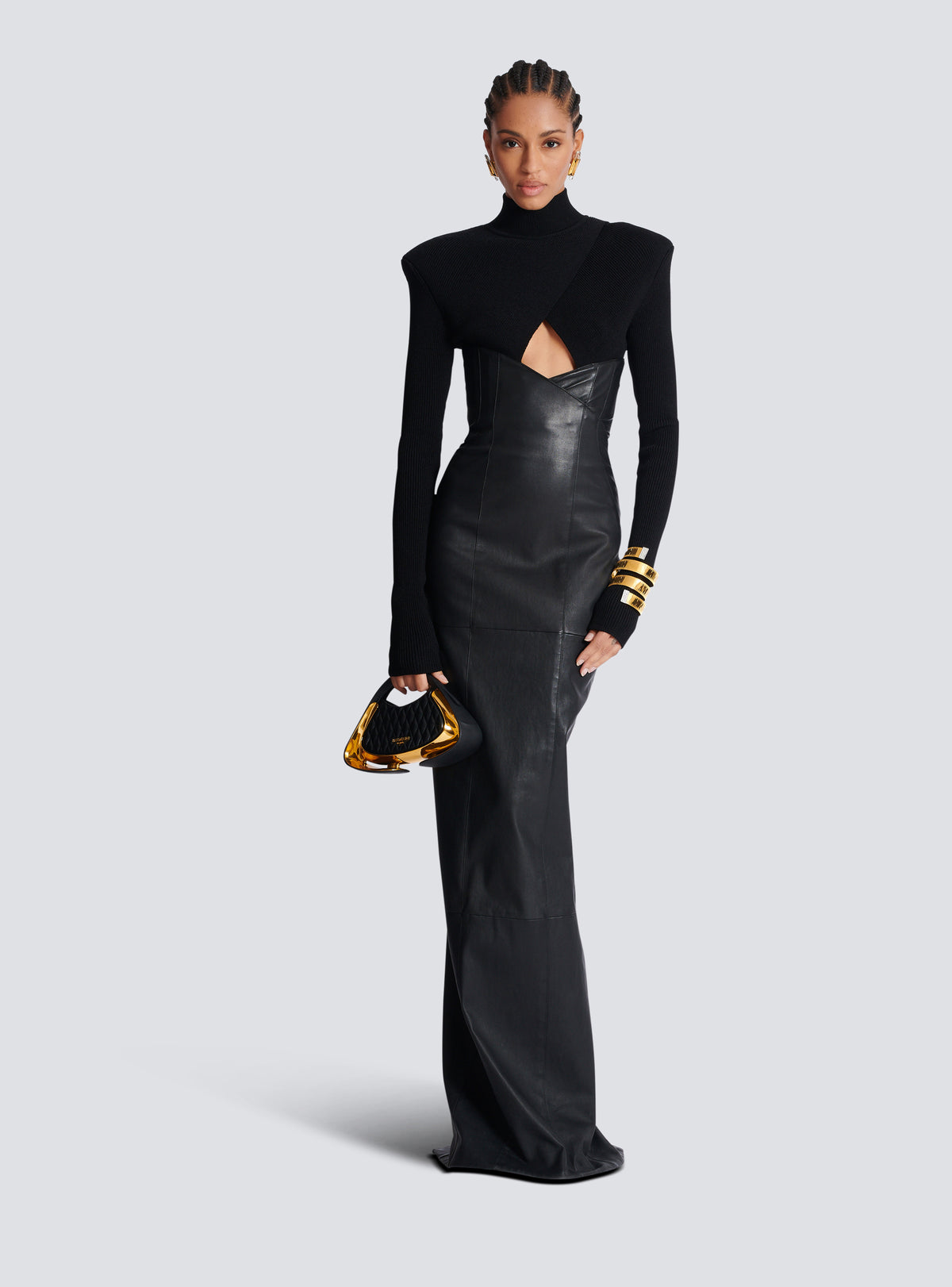 Robe longue bi-matière en maille et cuir d'agneau - Noir & Noir