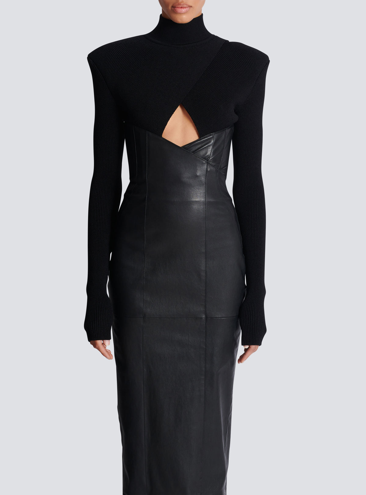 Robe longue bi-matière en maille et cuir d'agneau - Noir & Noir