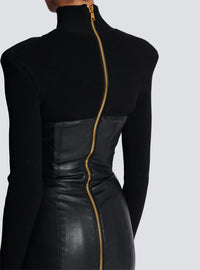 Robe longue bi-matière en maille et cuir d'agneau - Noir & Noir