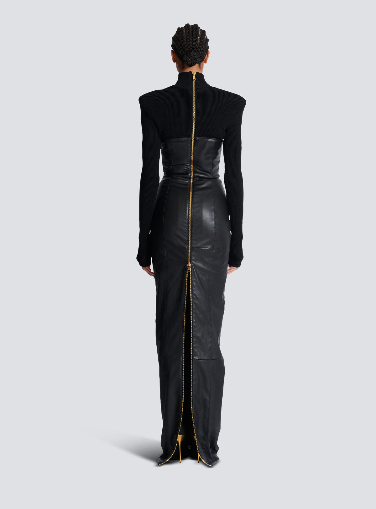 Robe longue bi-matière en maille et cuir d'agneau - Noir & Noir