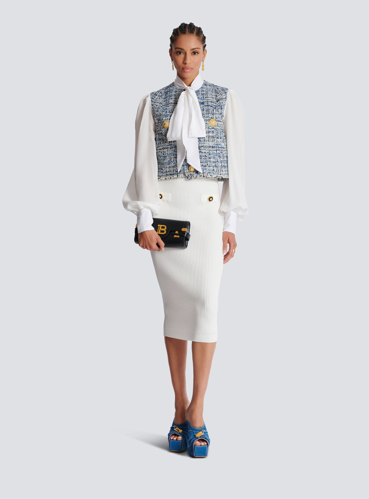 Veste courte en tweed avec poches - Bleu Jean Clair & Blanc