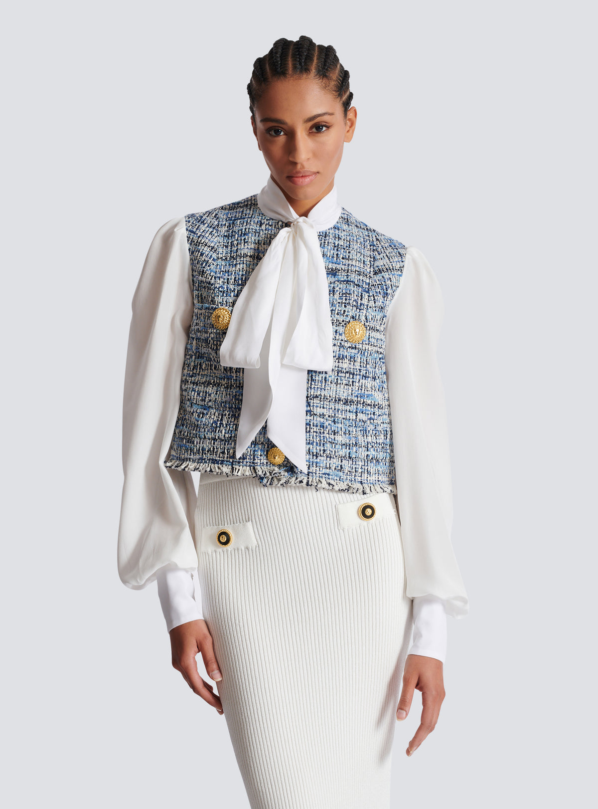 Veste courte en tweed avec poches - Bleu Jean Clair & Blanc