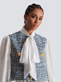 Veste courte en tweed avec poches - Bleu Jean Clair & Blanc