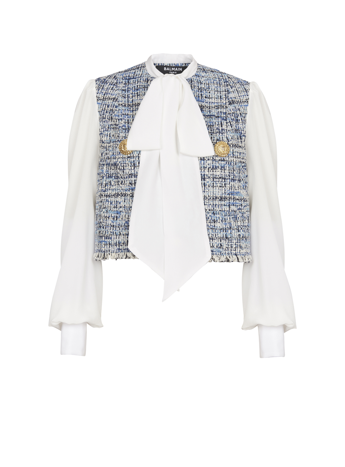 Veste courte en tweed avec poches - Bleu Jean Clair & Blanc