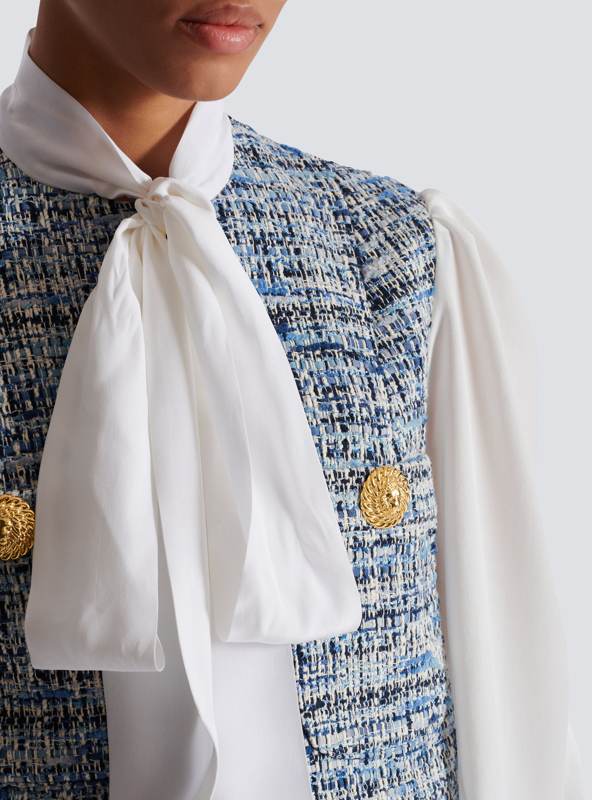Veste courte en tweed avec poches - Bleu Jean Clair & Blanc