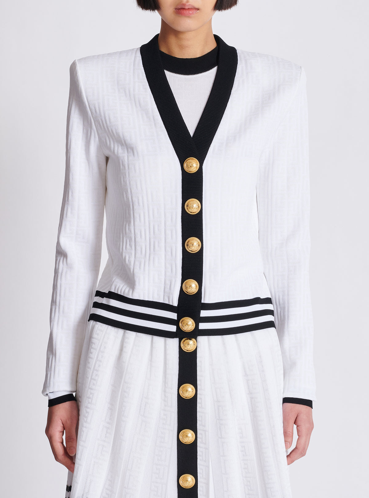 Cardigan bicolore en maille monogrammée - Blanc & Noir