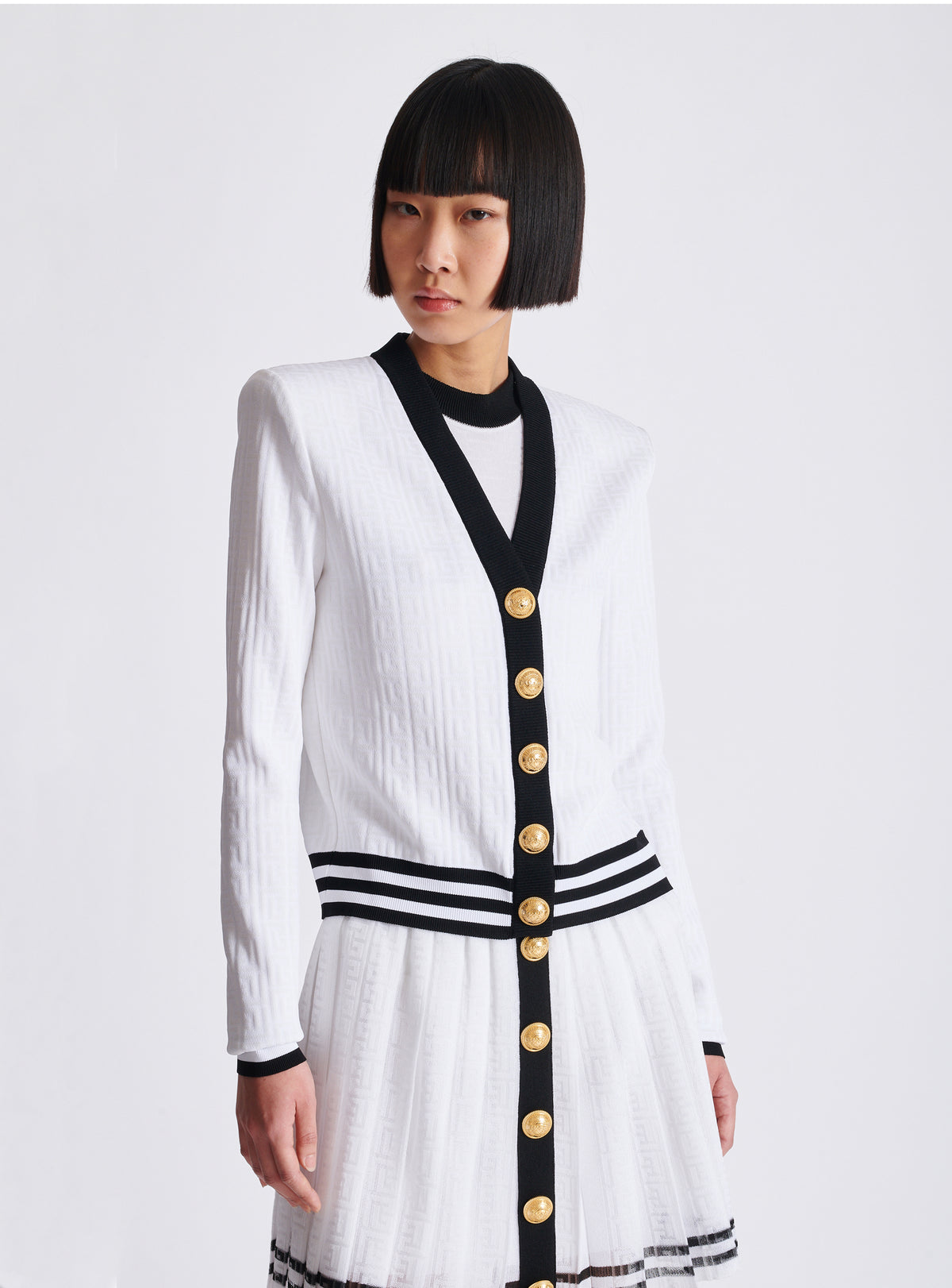 Cardigan bicolore en maille monogrammée - Blanc & Noir