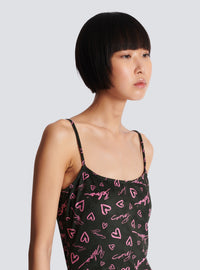Robe courte à bretelles en velours imprimé crush - Noir & Rose
