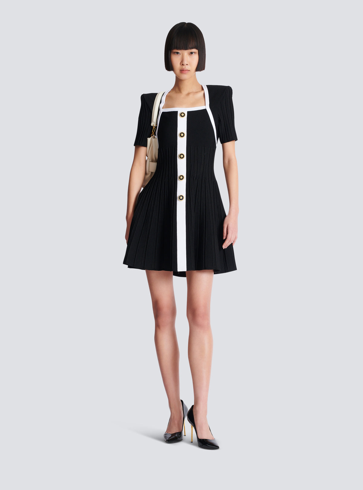 Robe bicolore évasée en maille  - Noir & Blanc
