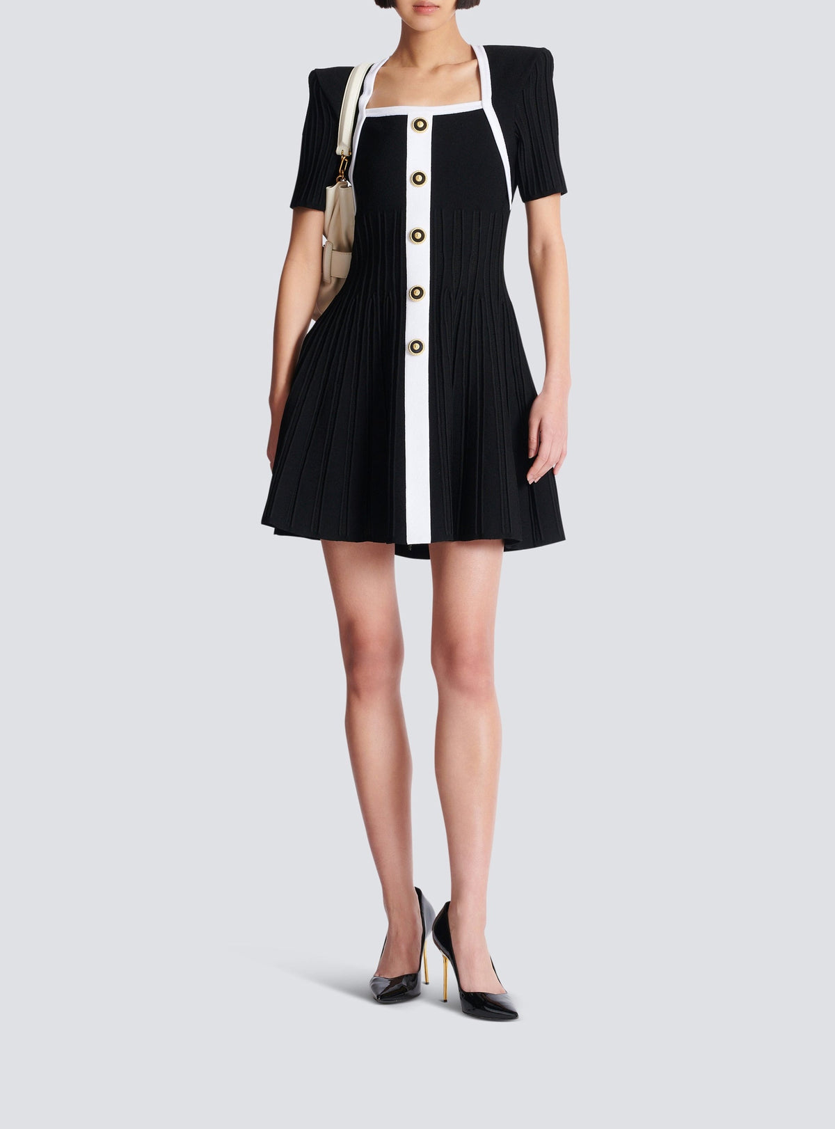 Knit short flared dress - Black & White