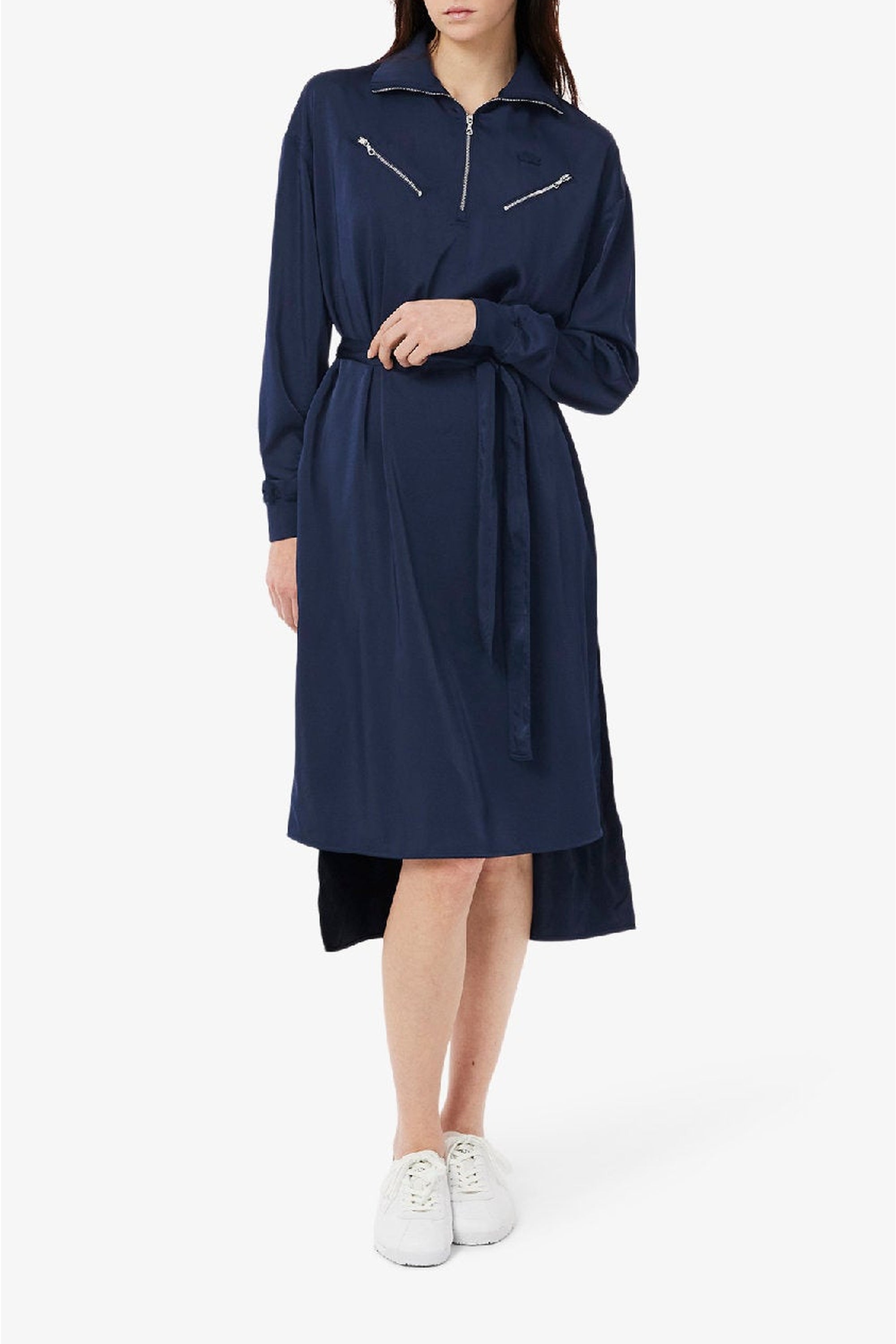 Robe fluide ceinturée à manches longues en satin - Marine