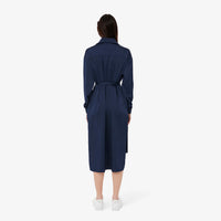 Belted flowing dress with long satin sleeves - Navy