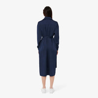 Robe fluide ceinturée à manches longues en satin - Marine