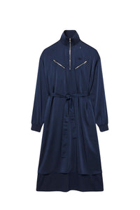 Belted flowing dress with long satin sleeves - Navy