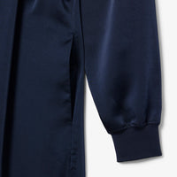 Robe fluide ceinturée à manches longues en satin - Marine