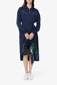 Belted flowing dress with long satin sleeves - Navy