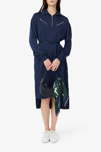 Robe fluide ceinturée à manches longues en satin - Marine