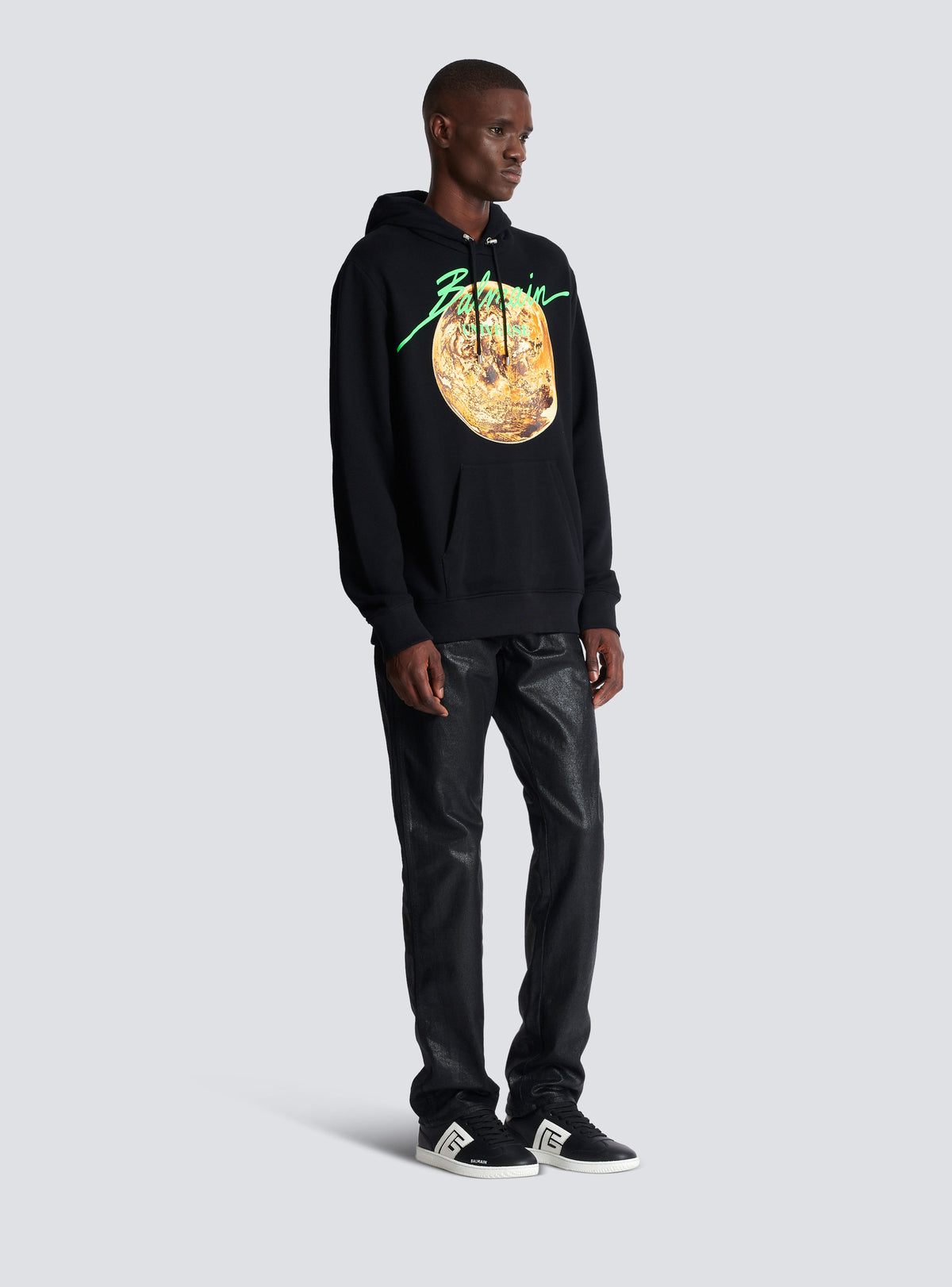 Hoodie imprimé balmain universe logo et planète - Noir & Or & Jade