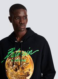 Hoodie imprimé balmain universe logo et planète - Noir & Or & Jade